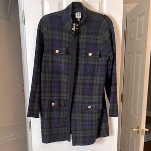 Anne Klein Medium Blue Green Tartan Plaid Long Line Knit Cardigan Zip Up Jacket
